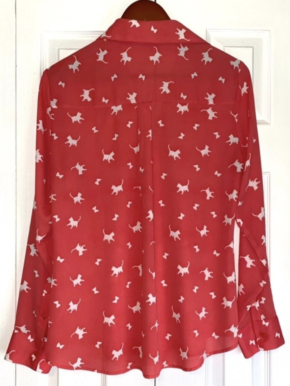 Express Red Button-Down Shirt with White Cat Print - Picture 2 of 4